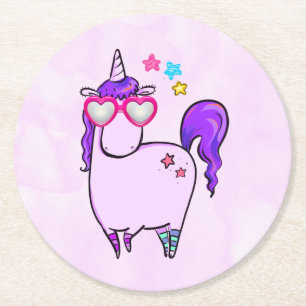Dessous-de-verre Rond En Papier Cute Unicorne dans les lunettes en forme de coeur
