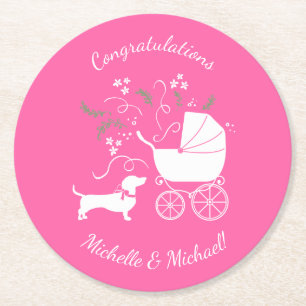 Dessous-de-verre Rond En Papier Dachshund Weiner Baby shower de chien French Pink