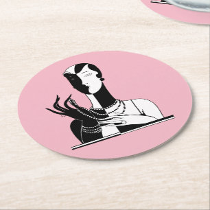Dessous-de-verre Rond En Papier Dame Art Déco Vintage Avec Perles Noir Blanc