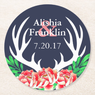 Dessous-de-verre Rond En Papier Deer Antlers & Peonies Mariée et Mariage de chambr