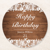 Dessous-de-verre Rond En Papier Dentelle rustique et blanche Joyeux anniversaire (Devant)