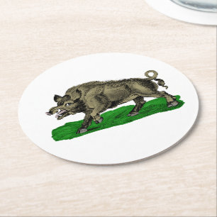 Dessous-de-verre Rond En Papier Dessin vintage de sanglier BW #3C