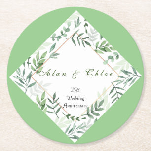 Dessous-de-verre Rond En Papier Dessous de verre blanc vert botanique 25e Mariage 