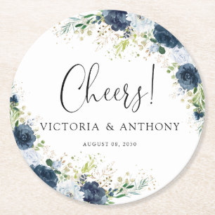 Dessous-de-verre Rond En Papier Dessous de verre Bleu Marine Fleurs Mariage Acclam