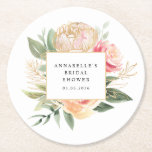 Dessous-de-verre Rond En Papier Dessous de verre de Fête des mariées Peony et Gold<br><div class="desc">Conçu pour se coordonner avec notre collection Peony and Gold, ce dessous de verre de jumelage personnalisable présente de luxueuses fleurs de pivoines roses et dorées au feuillage vert et au lettrage classique. Pour une personnalisation plus avancée de cette conception, cliquez sur le bouton "PERSONNALISER" ci-dessus. Veuillez noter que le...</div>
