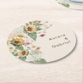 Dessous-de-verre Rond En Papier Dessous de verre de papier Mariage beige tournesol (Incliné)