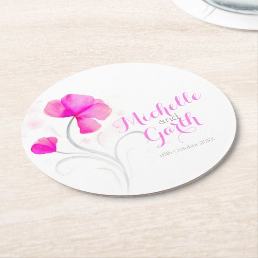 Dessous-de-verre Rond En Papier dessous de verre en papier rose fleur mariage (Incliné)