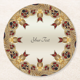 Dessous-de-verre Rond En Papier Dessous de verre en pierre rouge à fleurs dorées