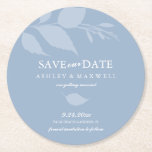 Dessous-de-verre Rond En Papier Dessous de verre Mariage Enregistrer La Date Bleu<br><div class="desc">Annoncez votre fiançailles avec ce moderne enregistrer la date dans un format de dessous de verre unique. Ce design présente une végétation minimaliste dans le bleu clair. Utilisez les champs modèle pour modifier en blanc les détails de votre mariage sur un arrière - plan bleu poussiéreux. Modifiez les couleurs des...</div>