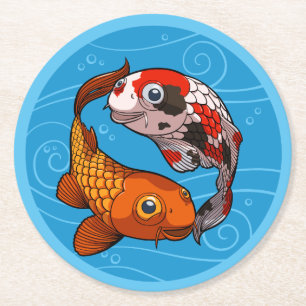 Dessous-de-verre Rond En Papier Deux Koi Carp Friendly nager dans un dessin circul