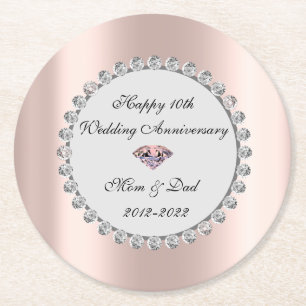Dessous-de-verre Rond En Papier Diamants argentés Rose Gold 10e anniversaire de ma