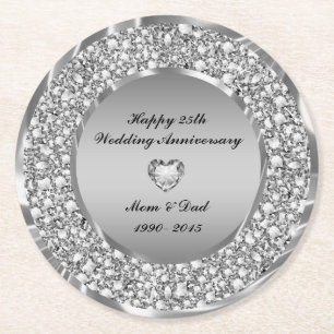 Dessous-de-verre Rond En Papier Diamants blancs grossiers 25e anniversaire