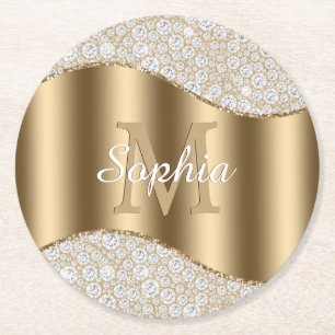 Dessous-de-verre Rond En Papier Diamants, grand monogramme doré, nom en écriture b