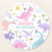 Dessous-de-verre Rond En Papier Dinosaure rose fête d'anniversaire (Devant)