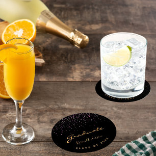 Dessous-de-verre Rond En Papier Diplômé de la fête d'or noir violet