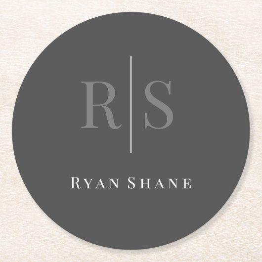 Dessous-de-verre Rond En Papier DIY Grey Monogram & White Name on Dark Grey (Devant)