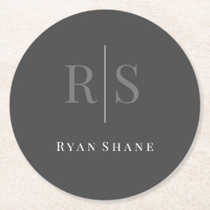 Dessous-de-verre Rond En Papier DIY Monogramme Gris & Nom Blanc sur Gris Foncé