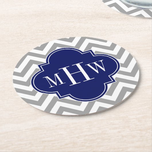 Dessous-de-verre Rond En Papier Dk Grey Lg Chevron Navy Quatrefoil 3 Monogramme (Incliné)