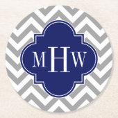 Dessous-de-verre Rond En Papier Dk Grey Lg Chevron Navy Quatrefoil 3 Monogramme (Devant)