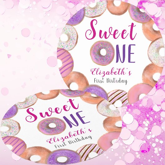 Dessous-de-verre Rond En Papier Donut rose sucré un premier anniversaire personnal