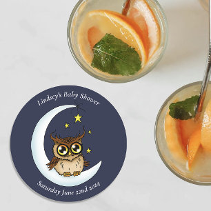 Dessous-de-verre Rond En Papier Douce Chouette Bébé Lune Étoiles Bleu Douche