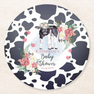 Dessous-de-verre Rond En Papier Douce Fête de Naissance Fille Vache Sacrée Fleurs