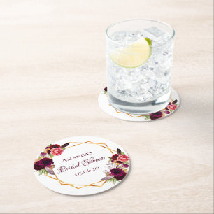 Dessous-de-verre Rond En Papier Douche nuptiale fleurs bordeaux or géométrique