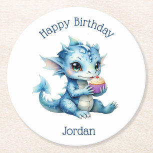Dessous-de-verre Rond En Papier Dragon Bébé Bleu Mange un Cupcake