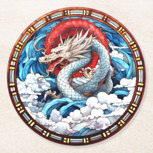 Dessous-de-verre Rond En Papier Dragon mythique asiatique en rouge et bleu