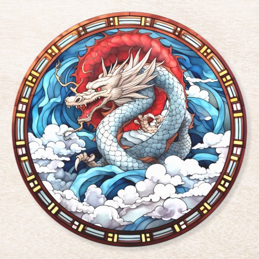 Dessous-de-verre Rond En Papier Dragon mythique asiatique en rouge et bleu (Devant)