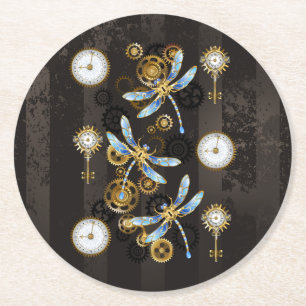 Dessous-de-verre Rond En Papier Dragonflies de Steampunk sur arrière - plan rayé b