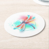 Dessous-de-verre Rond En Papier Dragonfly rouge sur l'arrière - plan aquarelle (Incliné)