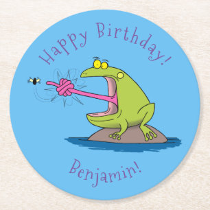 Dessous-de-verre Rond En Papier Drôle dessin animé de grenouille et mouche