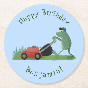 Dessous-de-verre Rond En Papier Drôle grenouille verte tondre la pelouse dessin