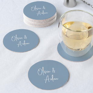 Dessous-de-verre Rond En Papier Dusty Blue   Mariage de script manuscrit moderne