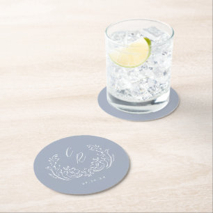 Dessous-de-verre Rond En Papier Dusty Blue Vintage fleurir Mariage Monogramme