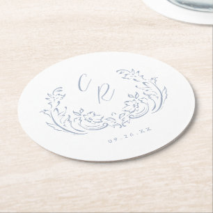 Dessous-de-verre Rond En Papier Dusty Blue Vintage fleurir Mariage Monogramme