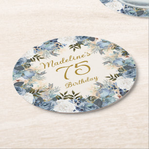 Dessous-de-verre Rond En Papier Dusty Blue White Floral 75e Anniversaire Nom