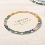 Dessous-de-verre Rond En Papier Earthy Boho Chic Fête des mariées personnalisée Vi<br><div class="desc">Earthy Boho Chic Vintage moderne Fête des mariées personnalisée Dessous de verre papier rond en vert,  or,  bleu et rose</div>