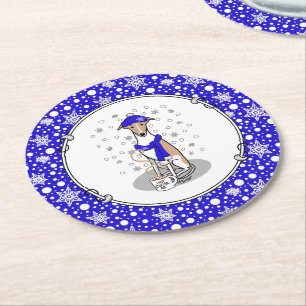 Dessous-de-verre Rond En Papier Écharpe à neige bleu hiver - Faune et blanc