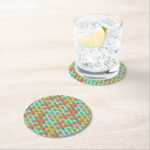 Dessous-de-verre Rond En Papier Echelle de poisson géométrique moderne et colorée