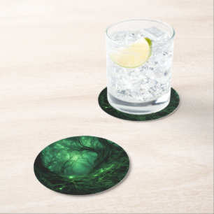 Dessous-de-verre Rond En Papier Éffrayante Forêt verte foncée