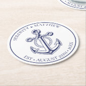 Dessous-de-verre Rond En Papier Elégant Ancre marin Marine Bleu Mariage nautique (Incliné)