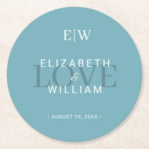 Dessous-de-verre Rond En Papier Élégant bleu rétro simple avec Mariage Monogram