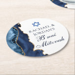 Dessous-de-verre Rond En Papier Élégant B'nai Mitzvah Navy Blue Gold Agate Party<br><div class="desc">L'élégante agate bleu marine et or orne ce dessous de verre de papier du parti B'nai Mitzvah pour une famille juive célébrant l'appel de leur enfant à la Torah. Les deux noms sont écrits dans une belle écriture formelle sous l'Étoile de David pour une célébration conjointe.</div>