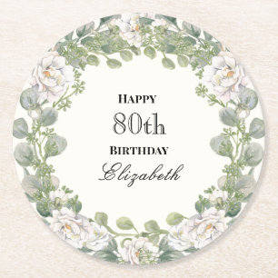 Dessous-de-verre Rond En Papier Élégant Bordure Florale Femme 80e Anniversaire Per