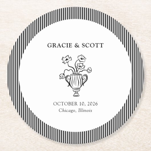 Dessous-de-verre Rond En Papier Élégant classique noir et blanc main tiré Mariage (Devant)