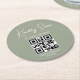 Dessous-de-verre Rond En Papier élégant code qr minimal menu mariage vert blanc