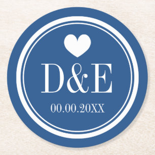 Dessous-de-verre Rond En Papier Élégant coeur bleu marine monogramme dessous de ve