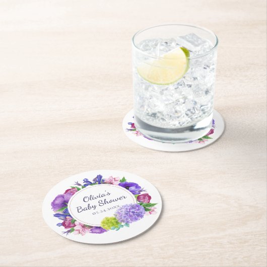 Dessous-de-verre Rond En Papier Élégant floral | Baby shower aquarelle (En situation)